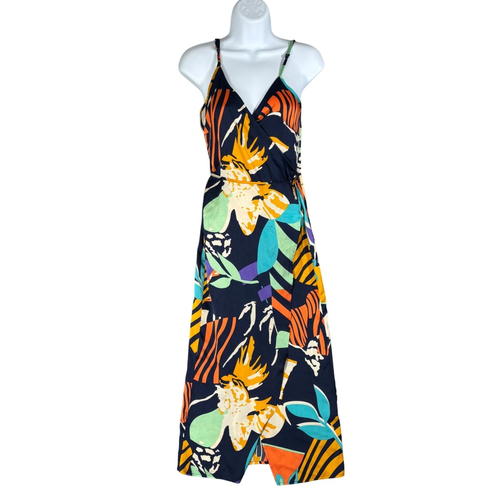 Never Fully Dressed XS Navy Abstract Floral Wrap Midi Dress Multicolor Bohemian